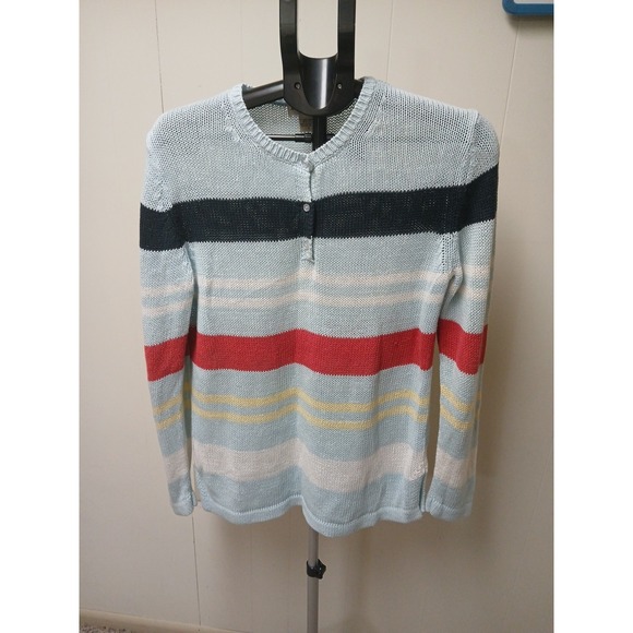 Womens Eddie Bauer Cardigan Size Small Striped Blues White Red Yellow !!! - Picture 1 of 8